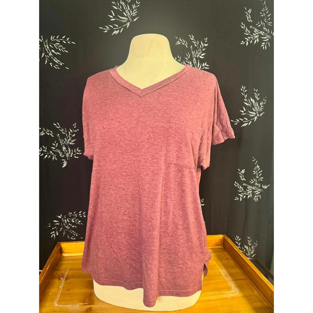 Unbranded Women Mauve Heathered V-Neck Pocket T-Shirt Short Sleeve Size L